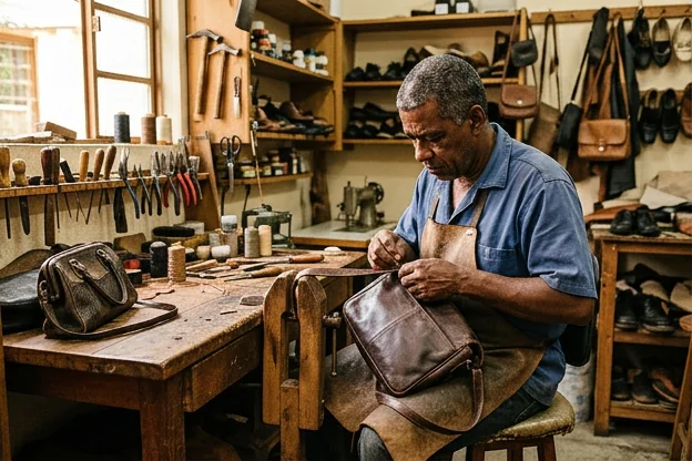 Um profissional reformando uma bolsa de couro em Ribeirão Pires.