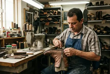 Um especialista consertando um zíper de bota em Ribeirão Pires.