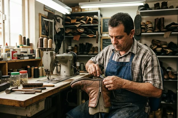 Um especialista consertando um zíper de bota em Ribeirão Pires.