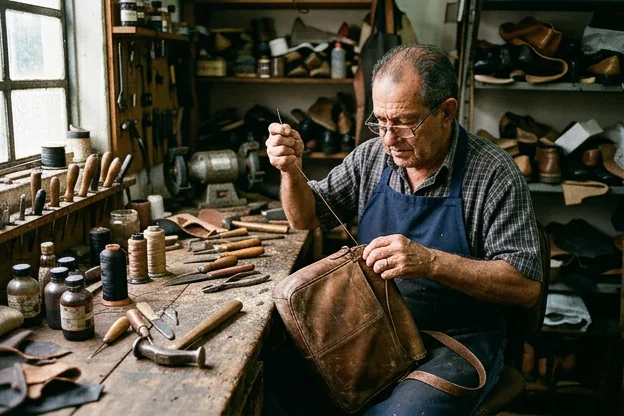 Um especialista reformando uma bolsa de couro em Ribeirão Pires.