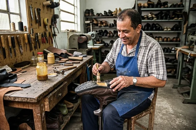 Um profissional colando a sola de um calçado em Ribeirão Pires.