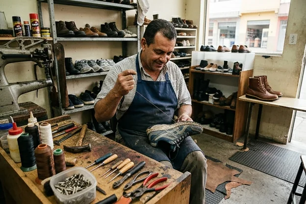 Um profissional reparando tênis em Ribeirão Pires.