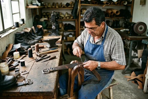 Um profissional consertando um cinto de couro em Ribeirão Pires.