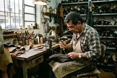 Um profissional reformando um sapato social em Ribeirão Pires.