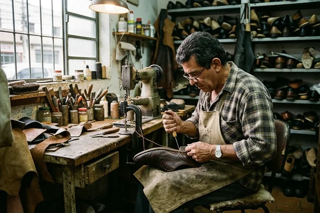 Um profissional reformando um sapato social em Ribeirão Pires.